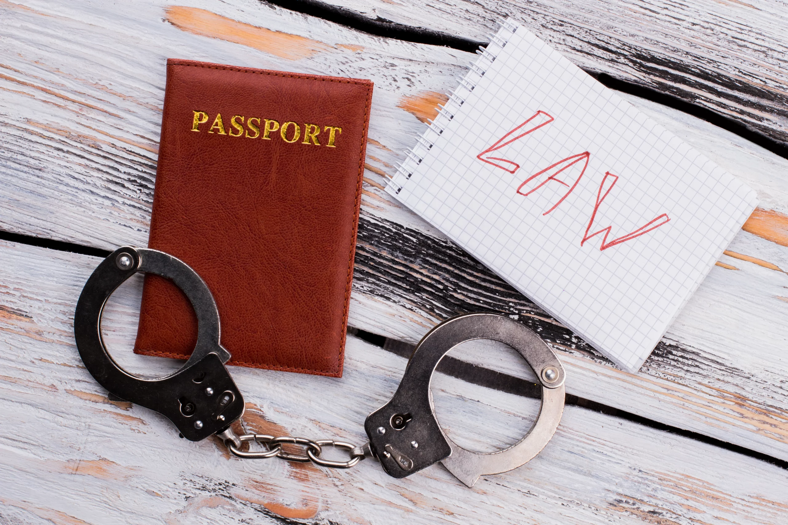 Passport, handcuffs, and LAW notepad on white surface, illustrating U‑visa for crime victims and immigration legal assistance in New Jersey.